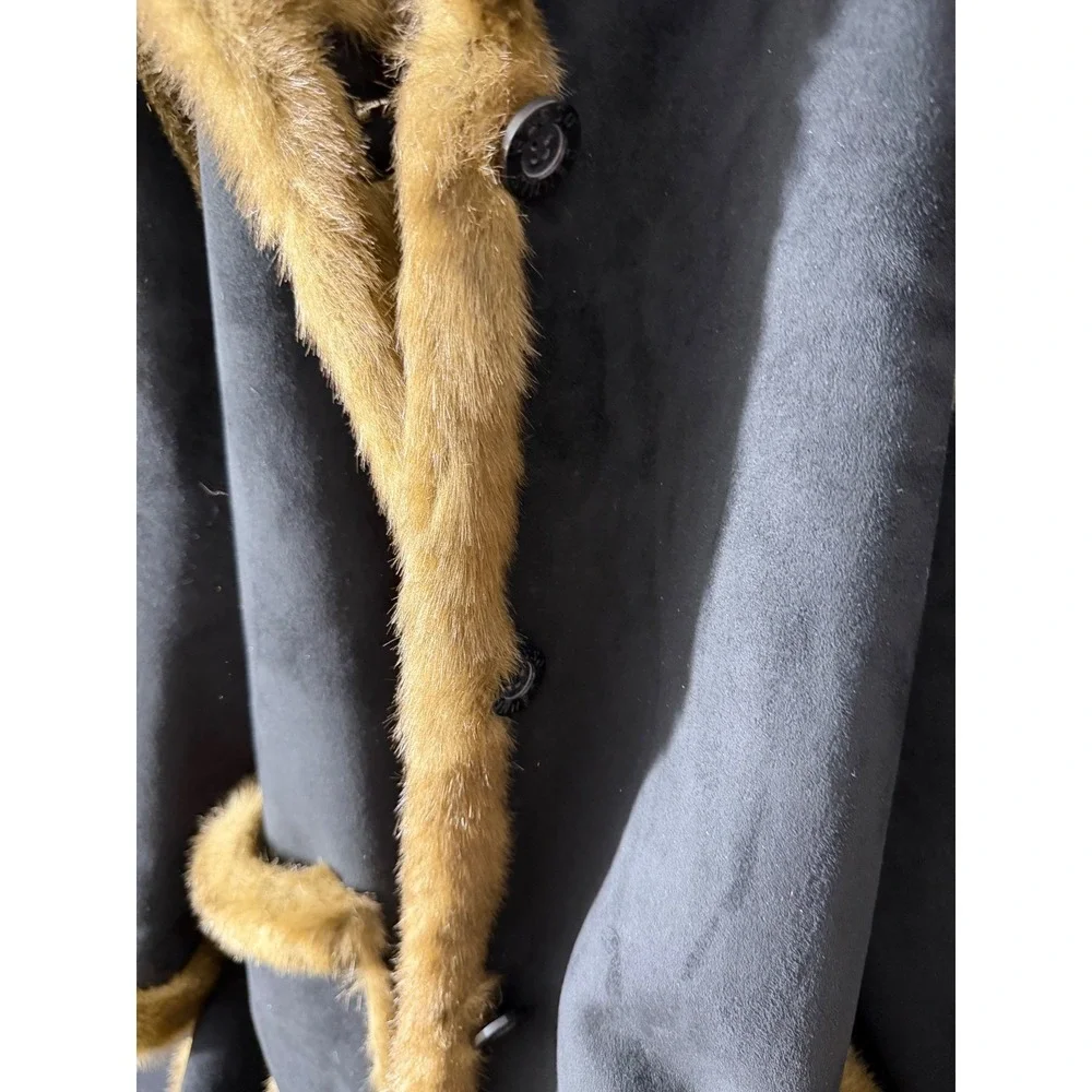 Dennis Basso‎ Faux Shearling Hooded Coat 1X Black Brown Excellent Faux Suede Fur - Picture 3 of 8